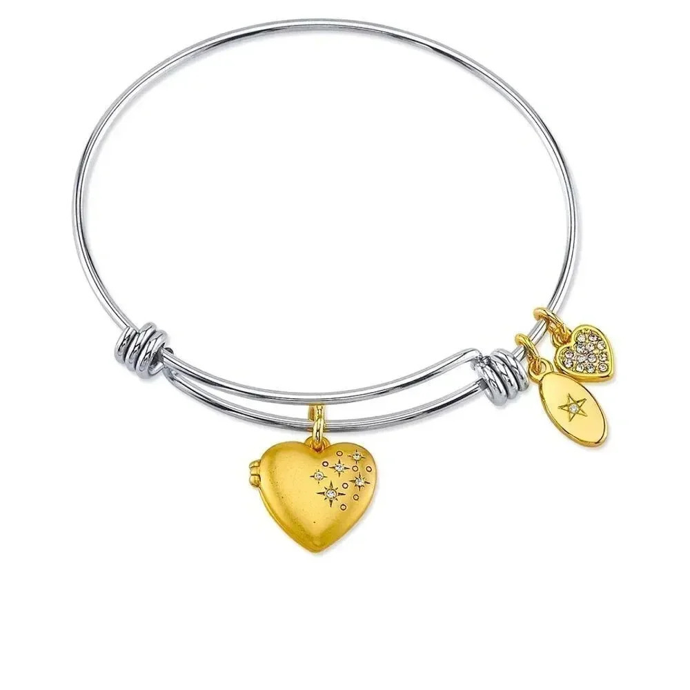 Heart Locket Gold Stainless Steel Waterproof Satin Adjustable Bangle Bracelet